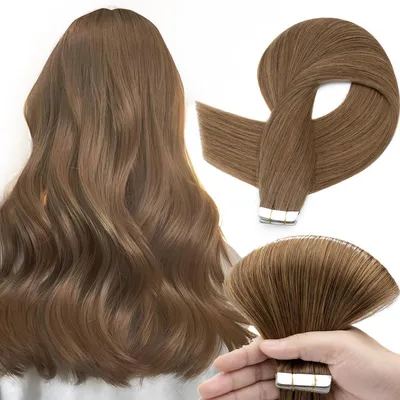Produktbild von Tape Extensions Echthaar Mittelbraun 40 Stück 55 cm 100g Remy Human Hair