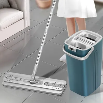 Produktbild von Wischmopp Bodenwischer-Set, 360° schwenkbarer Mopp, Doppelkammereimer, selbstreinigendes Waschsystem, mit 125 cm Flachmopp und Bodenreinigungsset