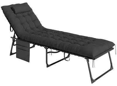 Produktbild von Sonnenliege klappbar, 5-fach verstellbar, 58x189x32,5 cm, Schwarz, inkl. Kissen, Seitentasche, bis 120 kg