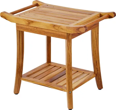 Zdjęcie produktu dla Ławka prysznicowa SucceBuy 22 x 14,4 x 18,5 cala z drewna tekowego, wodoodporna, z półką i uchwytem, antypoślizgowa, nośność 300 funtów, do łazienek, wewnątrz i na zewnątrz budynków