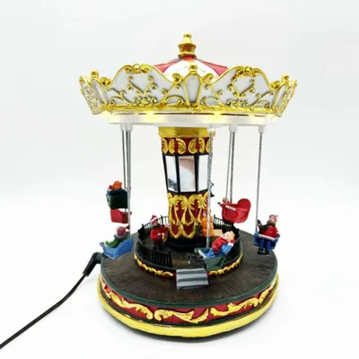 Image de Décoration de Noël lumineuse ACA : carrousel LED blanc chaud avec des enfants et de la musique, fonctionnant sur piles (3 x AA), 20,5 x 20,5 x 25,5 cm, X0336