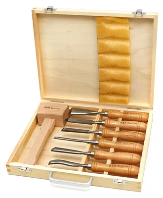 Immagine prodotto di Set scalpelli per la lavorazione del legno, 7 unità, con manico in legno e martello, Hbm