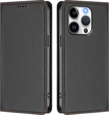 Image de Étui en cuir pour iPhone 15 Pro, étui à rabat magnétique en cuirPolyuréthaneavec support, noir