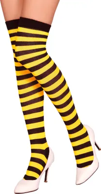 Produktbild von krautwear Damen gelb/schwarz Gestreifte Overknees Strümpfe Ringelstrümpfe Karneval Fasching Cosplay 80er Jahre Einheitsgröße