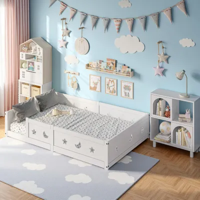 Image de INONEFT Lit pour bébé 120x200 cm, lit d'enfant avec barrière de sécurité, cadreReproductioné de motifs d'étoiles et de lunes, lit pour tout-petits, lit Montessori, sans matelas, blanc