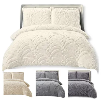 Produktbild von Textom Teddy-Bettwäsche-Set 200x220 cm, 3-teilig mit 2 Kissenbezügen 70x80 cm, Flanell-Teddyflausch, weich, warm, Cremeweiß
