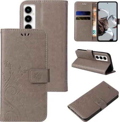 Produktbild von Handyhülle für Samsung Galaxy A35 5G Floral Blumen Schmetterling Flip Cover Hülle Case Klapphülle Handytasche Farbe: Grau