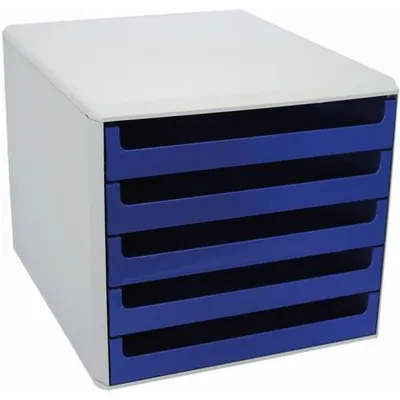 A white and blue desk organizer with five open drawers.
