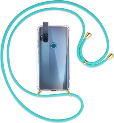 Produktbild von Handykette Backcover-Schutzhülle mit Band (Metall goldfarben) für Motorola One Hyper - türkis