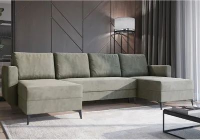 Produktbild von Easy4You Ecksofa Beige JORD U-Form – 303x94x145 cm - Schlafsofa mit Bettkasten und Schlaffunktion - Eckcouch mit Stauraum, Metallfüße und Kissen – Stoff Manila 02