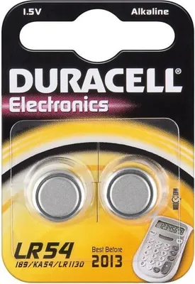 A retail package containing two Duracell LR54 alkaline button cell batteries.