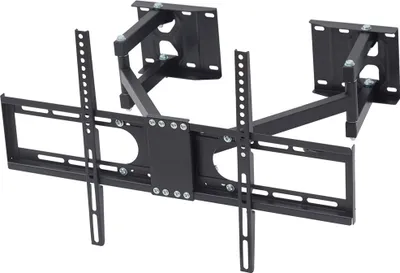 A black metal TV wall mount with adjustable arms is shown against a white background.