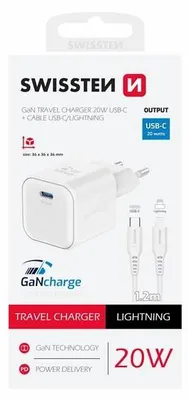 Obrázok produktu pre Swissten, 20W napájací zdroj USB-C GaN kompaktný s káblom Lightning 1,2 m, biely