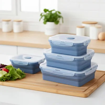 Produktbild von 4er-Set Silikon-Frischhaltedosen - Zusammenklappbare & faltbare Lunchbox, Bento Box, BPA-frei, mikrowellengeeignet, mit Clip-Verschluss Deckeln