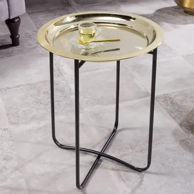 Produktbild von riess-ambiente Runder Beistelltisch CASABLANCA 50cm messing gold schwarz Tablett abnehmbar klappbar Couchtisch Tisch Ablage