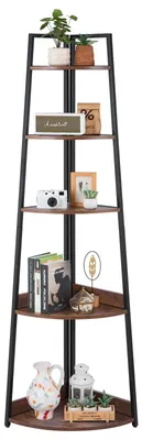Image de VEVOR Étagère d'angle avec 5 niveaux, support d'angle haut Étagère à plantes, étagère d'affichage Étagère de stockage avec cadre métallique & étagères en bois, étagère sur pied Étagère à livres d'exposition pour chambre à coucher Salon Bureau Marron