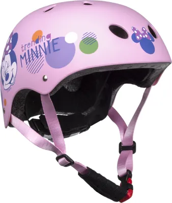 A pink children's helmet with Minnie Mouse graphics.