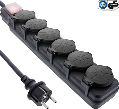 A black power strip with six covered outlets and a power cord, set against a white background.