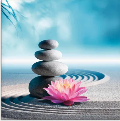 Produktbild von Romolo Tavani: Sand, Lilie und Spa-Steine in Zen-Garten - Glasbild, Größe:20x20 cm / Glasbild