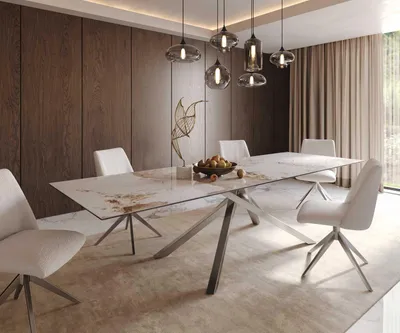 Produktbild von DELIFE Esstisch Edge 300x100 Keramik Minas Melange Weiß-Beige Kreuzgestell Rechteck Edelstahl