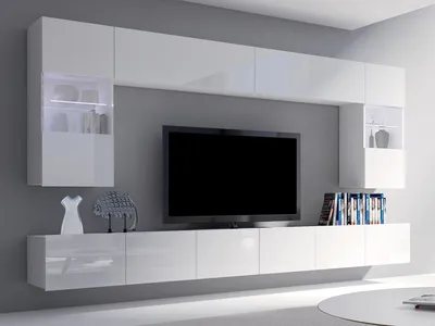 Produktbild von Moderne Wohnwand CALABRINI-1 Wohnzimmer-Set Hängewohnwand Schrankwand mit LED-Beleuchtung Hochglanz TV-Schrank Anbauwand (Weiß)