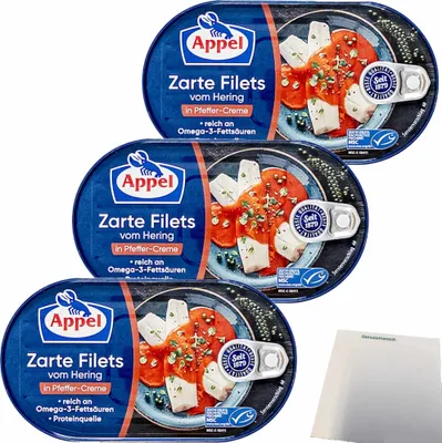 Produktbild von Appel Heringsfilets Zarte Filets vom Hering in Pfeffer-Creme 3er Pack (3x200g Dose) + usy Block