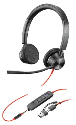 Obrázek produktu pro HP Poly Stereofonní náhlavní souprava Poly Blackwire 3325 USB-C s certifikací Microsoft Teams + 3,5mm konektor + adaptér USB-C/A, Kabel, Kancelář / call centrum, 131 g, Sluchátka s mikrofonem, Černá