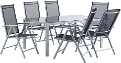 Produktbild von BELIANI Gartenmöbel Set Schwarz Glas Aluminium Mesh 7-Teilig 6-Sitzer Modern Tisch 160 x 91 cm und 6 Stühle Terrasse Outdoor Ausstattung