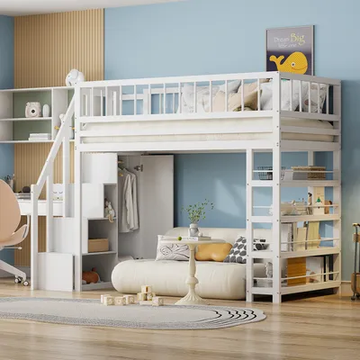 Produktbild von Flieks Etagenbett 90x200cm mit Garderobe, Kinderbett mit Regal, Hochbett mit Treppe und Lattenrost, Stockbett mit Rausfallschutz, Holzbett Weiß