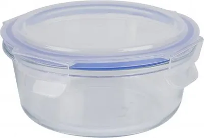 A clear glass food storage container with a blue lid and locking mechanism.