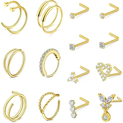 Immagine prodotto di Kit per piercing al naso, 16 pezzi, forma a L, acciaio chirurgico, 20G, 7mm, 8mm, argento, oro