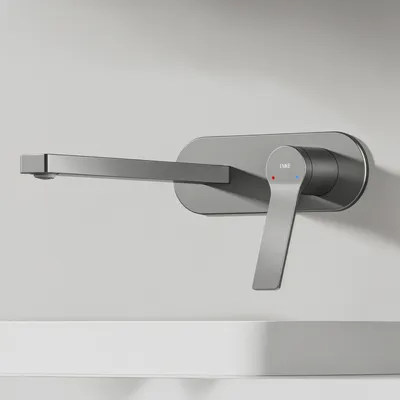 A modern, wall-mounted faucet with a single lever handle, shown against a plain light gray background.