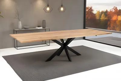 Produktbild von Esstisch Sessa mit Ansteckplatten | 160 x 85 cm (erweiterbar auf 260 x 85 cm) |Eichenholz massiv + geölt | echte Baumkante | Spider-Gestell Metall schwarz | Baumkantentisch/Esszimmertisch