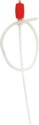 A manual siphon pump with a red bulb and a white tube, isolated on a white background.