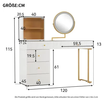 Image de Table de maquillage avec éclairage LED et miroir - Plateau en verre trempé - Structure en bois - Dimensions : 120 x 45 x 115 cm - Sans tabouret - Couleur : or et blanc