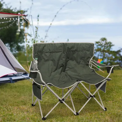 Produktbild von Navaris Faltbares Camping Sofa 2-Sitzer - Bequem & Praktisch -mit großen Rückentaschen - Faltstuhl - Grün & Beige mit hochwertiger Tragetasche und 2