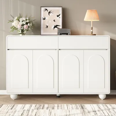 Image de Buffet Merax à portes incurvées, commode à 2 tiroirs et 4 portes, meuble de rangement en MDF et aggloméré avec pieds en métal, blanc