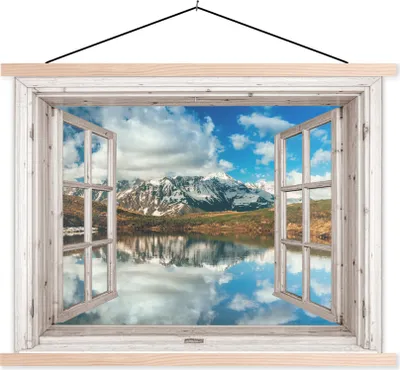 Produktbild von MuchoWow® Textilposter Aussicht - Berg - Wasser 120x90 cm mit holzfarbenen Rahmen - Magnetisch