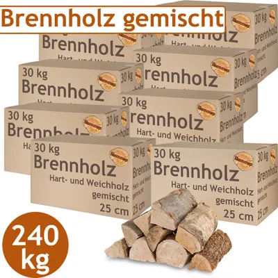 A stack of cardboard boxes labeled 'Brennholz' (firewood) and a pile of firewood logs.
