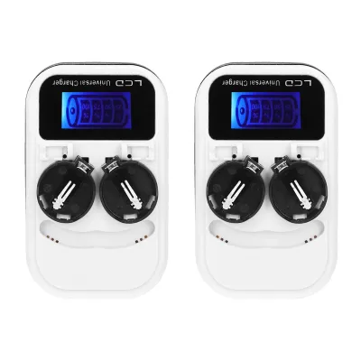 Two white battery chargers with blue LCD screens are shown side-by-side against a white background.