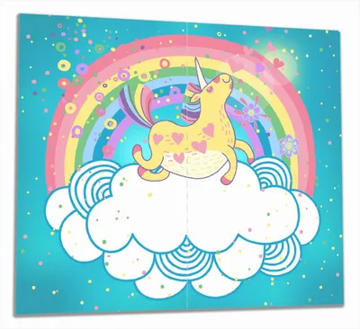 Produktbild von Wallario Herdabdeckplatte aus Glas, Größe 60 x 52 cm 2-teilig, Motiv Lustiges Einhorn auf einer Wolke vor Regenbogen