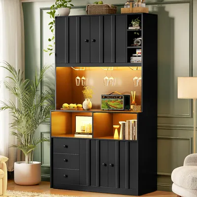 Produktbild von Merax Küchenschrank Hochschrank mit LED Beleuchtung und Steckdose USB, Wohnzimmerschrank mit Weinregal und Gläserhalter, Vitrine, Kaffee-Bar, Schwarz