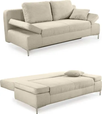 Produktbild von Schlafsofa Federkern Armlehnen verstellbar Couch Bettkasten Cord in Beige Grau / 15203