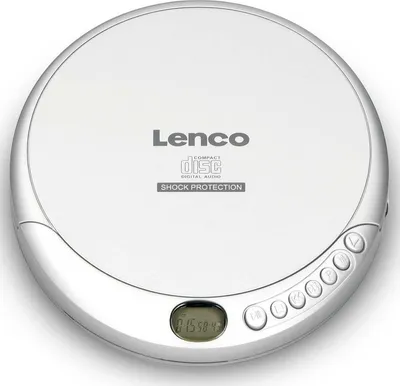 A top-down view of a silver Lenco portable CD player on a white background.