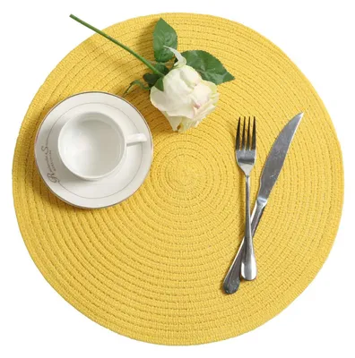 Produktbild von Tischsets Rund Geflochten Baumwolle 4 Stück, Rutschfest Waschbar 38 Cm Durchmesser, Gelb Für Esszimmer Küche Draußen