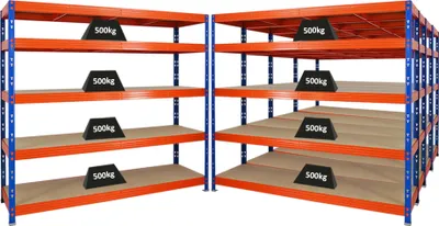 Produktbild von Mega Deal | 5x Profi Schwerlastregal Rhino | HxBxT 180x200x60cm | 5 Spanplatten-Ebenen 8mm | Fachlast 500kg | Blau/Orange