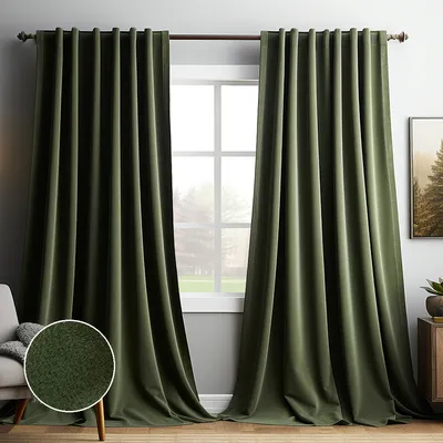 A bedroom or living room scene with dark green velvet curtains hanging over a window. A close-up inset shows the texture of the fabric.