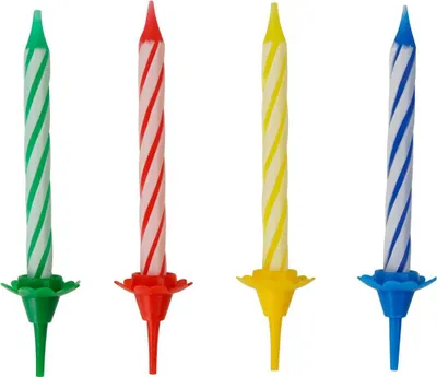 Image de Fackelmann Bougies + porte-bougies, Bougies d'anniversaire pour l'anniversaire d'un enfant, Bougies pour gâteau (couleur : rouge, bleu, jaune, vert), Quantité : 24 bougies, 12 porte-bougies