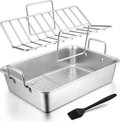 Imagen del producto de Bandeja para asar de acero inoxidable con rejilla, grande (39,2 cm), ideal para lasaña, rejilla para hornear, rejilla en forma de V y 2 brochas para hornear de 20,3 cm, duradera y apta para lavavajillas, juego de 4 unidades