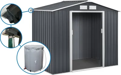 Image de Abri de jardin métal - "Vegas"- 4.07 m² avec gouttière et récupérateur d'eau - Gris